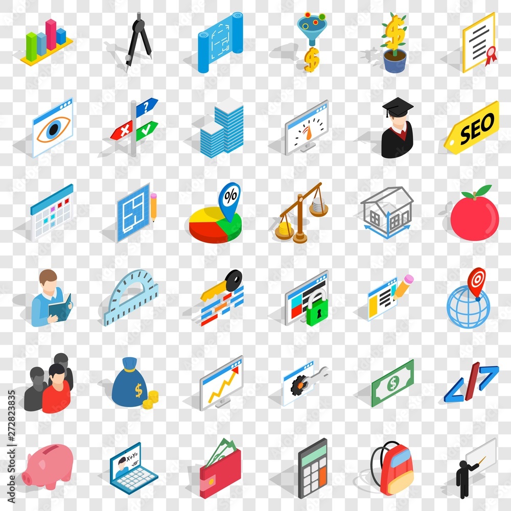 Poster calculator icons set. isometric style of 36 calculator vector icons for web for any design