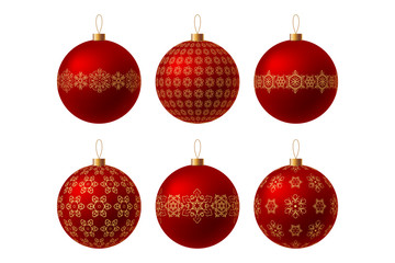 Set of red Christmas balls with gold ornament on a white background.