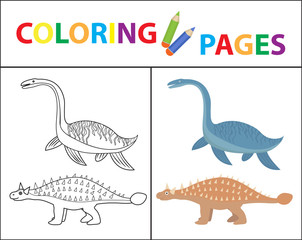 Coloring book page for kids. Dinosaurs set. Sketch outline and color version. Childrens education. Vector illustration