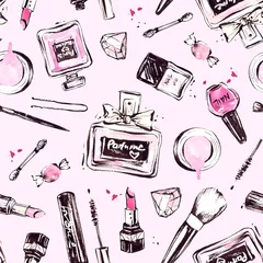 Gordijnen Roze patroon met handgetekende cosmetica. Nagellak, mascara, lippenstift, oogschaduw, borstel, poeder, lipgloss. © Tatiana 