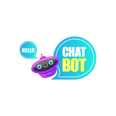 cute chatbot character or intelligent assistant with speech bubble isolated on white background. Vector Funny robot assistant, chatter bot, helper chatbot logo or label