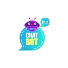 Fotobehang cute chatbot character or intelligent assistant with speech bubble isolated on white background. Vector Funny robot assistant, chatter bot, helper chatbot logo or label © zmiter