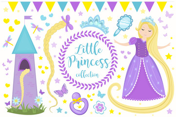 Cute little princess Rapunzel set objects. Collection design element with pretty girl, tower, butterfly, accessories. Kids baby clip art funny smiling character. Vector iillustration. © Lucia Fox