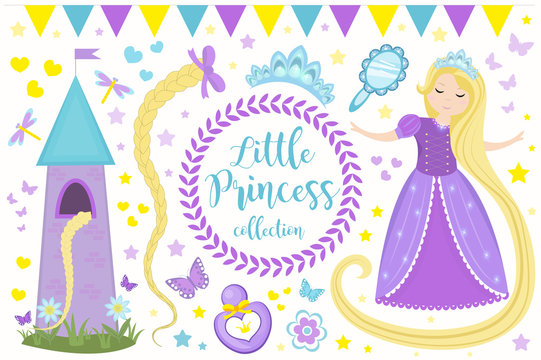 Cute little princess Rapunzel set objects. Collection design element with pretty girl, tower, butterfly, accessories. Kids baby clip art funny smiling character. Vector iillustration.