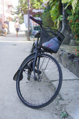 Fototapeta na wymiar Bike is on the street. Ecological type of transport on a sunny day