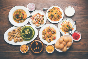 group of Bombay chat food includes golgappa/panipuri, bhel-puri, sev-poori, dahipuri, Ragda pattice, raj kachori etc. selective focus