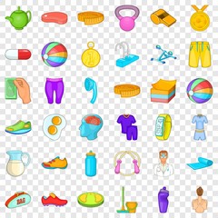 Fitness equipment icons set. Cartoon style of 36 fitness equipment vector icons for web for any design