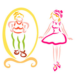 slender girl next to the mirror, fat woman in the mirror