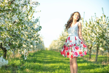 Naklejka na ściany i meble Happy Woman in an orchard at springtime. Enjoying sunny warm day. Retro style dress. Blooming blossom cherry trees. Colorful spring moods