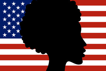 Silhouette of African-American girl head with National flag of United States of America on the background. Freedom, patriotism and equality concept. Vector EPS10 illustration.