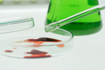 Syringe with the blood contained within and Erlenmeyer flask chemical packing as well, and Glass rod put on white background.