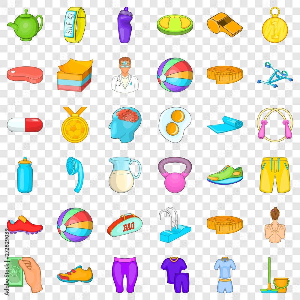 Poster gym icons set. cartoon style of 36 gym vector icons for web for any design