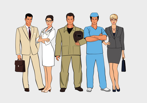 A set of figures of various professions. Men and women in different uniforms stand together. Vector drawn graphics