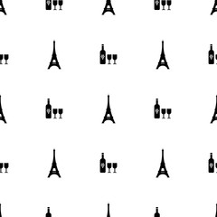 Seamless pattern paris symbols. Bottle of wine and eiffel tower on white background. Vector illustration for design, web, wrapping paper, fabric, wallpaper.