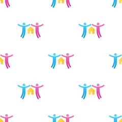 Seamless pattern with couple icons. Give love. Charity concept. Pair of lovers with house. Male and female. Vector illustration for design, web, wrapping paper, fabric, wallpaper.