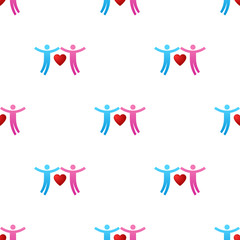 Seamless pattern with couple icons. Give love. Charity concept. Pair of lovers with heart. Male and female. Vector illustration for design, web, wrapping paper, fabric, wallpaper.