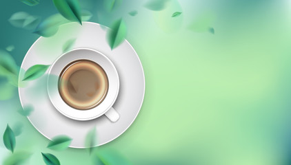 Green nature background with spring leaves and tea cup vector illustration