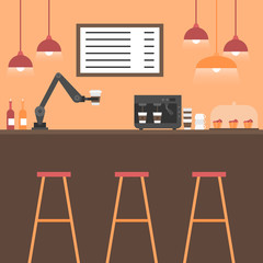 Flat coffee house interior with modern robot arm. Futuristic barista machine, cappuccino maker. Cafe and bar equipment