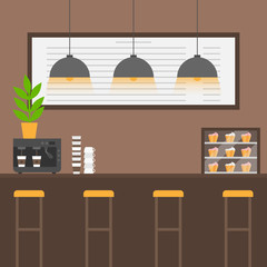 Flat coffee house interior. Barista machine, cappuccino maker. Cafe and bar equipment