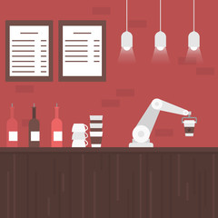 Flat coffee house interior with modern robot arm. Futuristic barista machine, cappuccino maker. Cafe and bar equipment