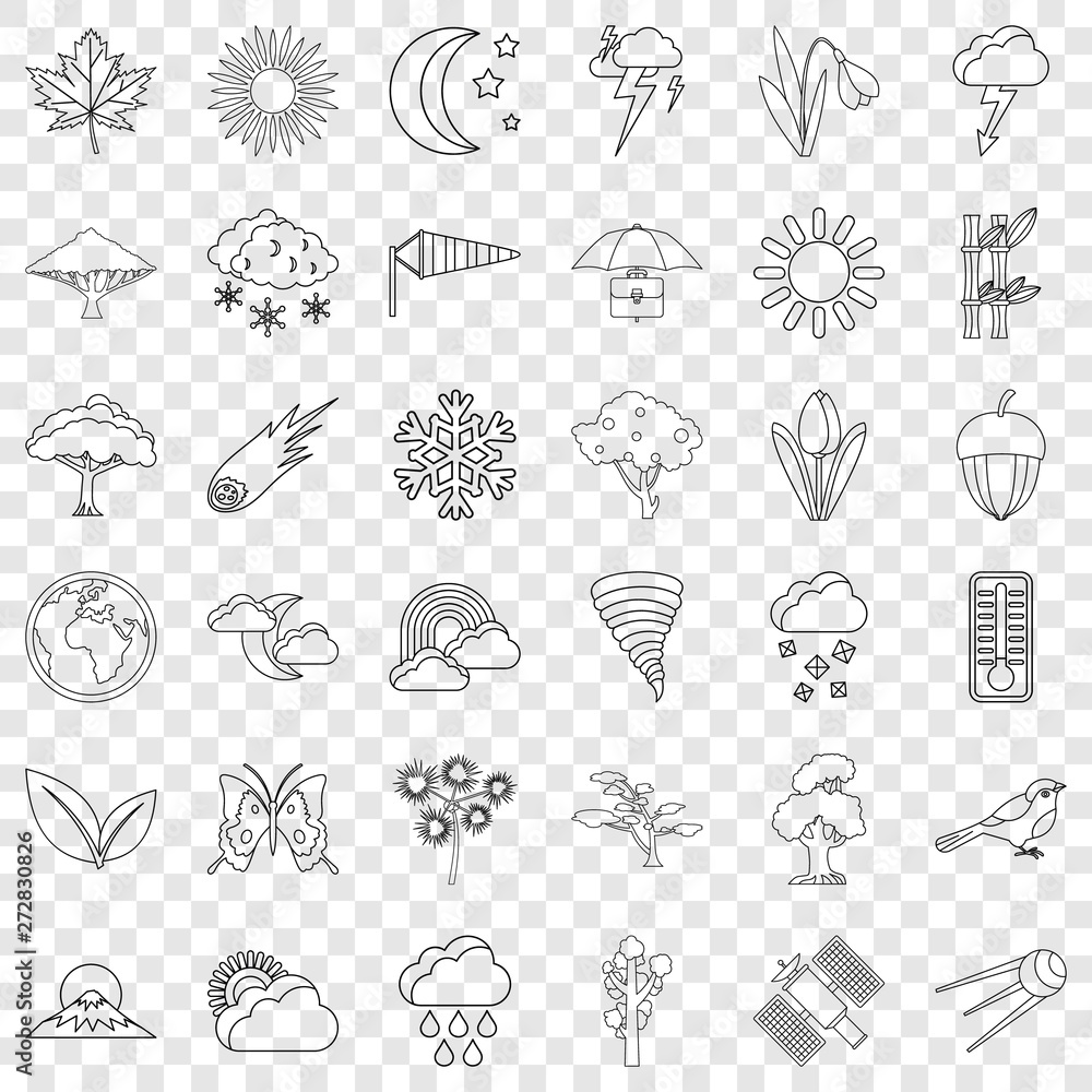 Poster meteorology icons set. outline style of 36 meteorology vector icons for web for any design
