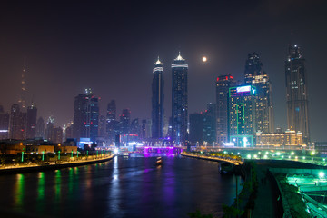 Beautiful night view from Tolerance bridge in Dubai, United Arab Emirates