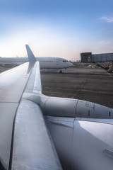 Fototapeta na wymiar Passenger aircraft at the airport near the terminal. Unloading and loading baggage. Stock photo