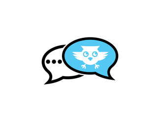 Owl open eyes and fly in a chat icon for logo design illustration