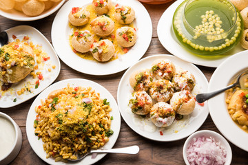 group of Bombay chat food includes golgappa/panipuri, bhel-puri, sev-poori, dahipuri, Ragda pattice, raj kachori etc. selective focus
