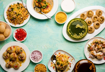 group of Bombay chat food includes golgappa/panipuri, bhel-puri, sev-poori, dahipuri, Ragda pattice, raj kachori etc. selective focus