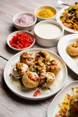 group of Bombay chat food includes golgappa/panipuri, bhel-puri, sev-poori, dahipuri, Ragda pattice, raj kachori etc. selective focus