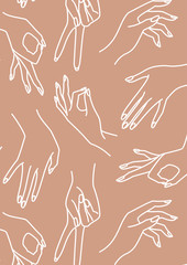 Woman's hand line pink and white Background. Vector Print of female hands of different gestures - victory, okay. Template A5 A4 A3 for wedding, invitations, banners, cards, business card
