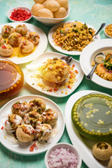 group of Bombay chat food includes golgappa/panipuri, bhel-puri, sev-poori, dahipuri, Ragda pattice, raj kachori etc. selective focus