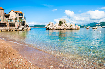 Beautiful beach in Przno near Budva, Montenegro. Adriatic sea. Famous travel destination