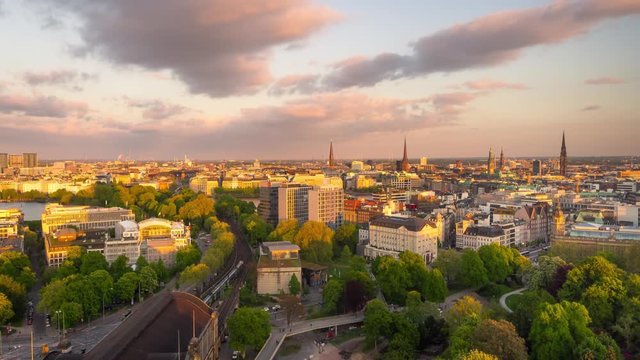 hamburg skyline time lapse from day to night seen from high pov aerial view