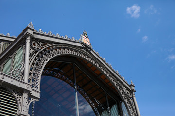 Born culture centre in Barcelona. Modernist building in Catalan capital. Blue sky, summer vacation in Spain. Glass reflections. Catalan flag