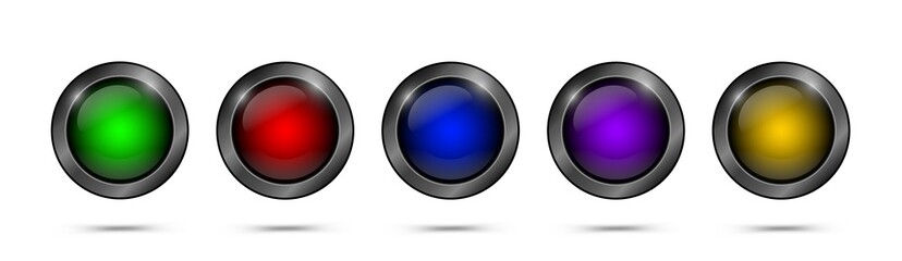 Multicolored glass buttons for web design, apps, games and more. Empty glass buttons round shape. Set of vector web elements.