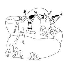 Young friends and summer cartoons in black and white