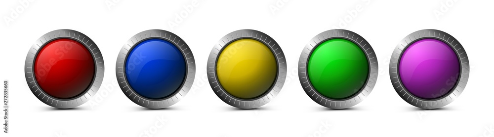 Poster Set of glass buttons of round shape isolated on white background. Vector glass buttons for interface design, apps, web, games, software and more.