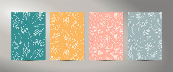 Woman's hand line Abstract mustard, pink, mint, blue Background. Vector texture of the of female hands of different gestures. Template A5 A4 A3 for wedding, invitations, banners, cards, business card