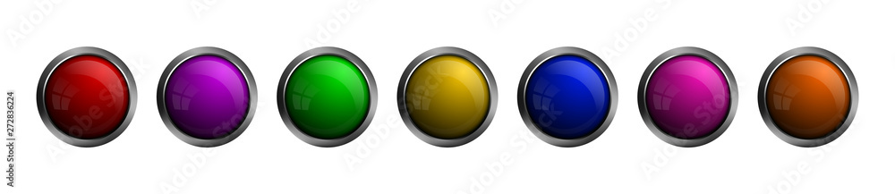Poster Set of vector glass buttons of different colors. Round shaped glass buttons for web design, apps, ui, games, software and more.