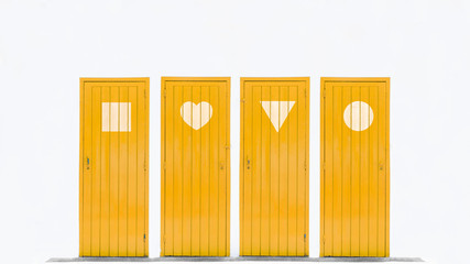 four yellow doors marked with symbols, representing a big decision to make