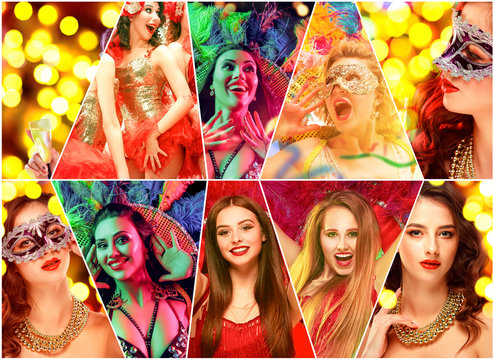 Beautiful surprised women in carnival mask. Models wearing masquerade masks at party on background with magic glow. Christmas and New Year celebration. Collage made of different photos of 6 people.
