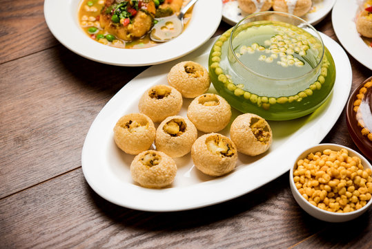 group of Bombay chat food includes golgappa/panipuri, bhel-puri, sev-poori, dahipuri, Ragda pattice, raj kachori etc. selective focus