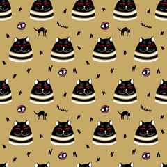 Contented tabby vector cat on a gold background with cats. Happy Kitty background. Happy cats. Cat logo. Scared black cat. Waves on the background. Textile background.