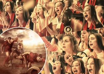 Group of happy fans are cheering for their team victory. Male and female models as a fans of football or soccer team while it's match at the stadium. Collage made of different photos of 11 people.