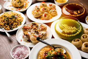 group of Bombay chat food includes golgappa/panipuri, bhel-puri, sev-poori, dahipuri, Ragda...