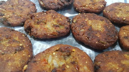 Closeup perspective view of delicious spicy fried kebab, kebab or chapli kebab