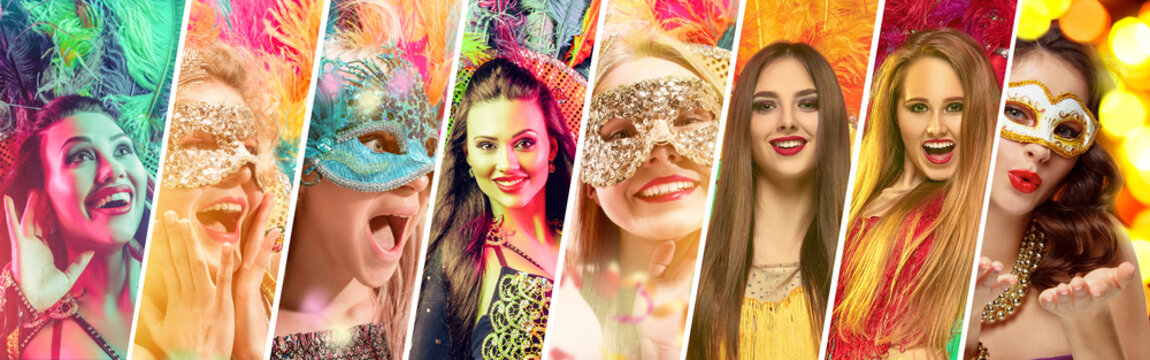 Beautiful surprised women in carnival mask. Models wearing masquerade masks at party on background with magic glow. Christmas and New Year celebration. Collage made of different photos of 5 people.