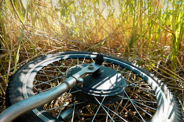 Electric bike, outdoor recreation. Motor-wheel of an electric bicycle against the background of wild countryside, overgrown with reeds. Solar lighting.